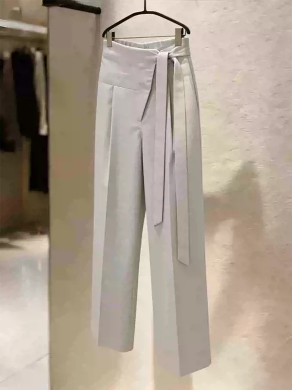 

Fashionable High Waist Straight Leg Wide Leg Pants Women's Light Grey Belted Design Summer 2026 Casual Trousers Elegant