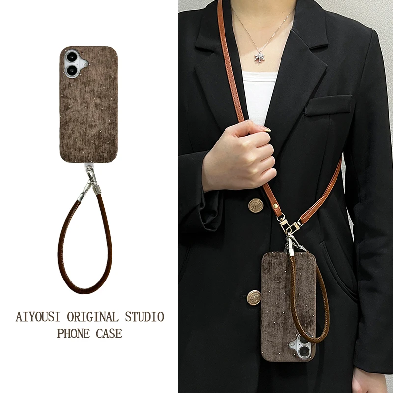

Vintage Brown Velvet Glitter Diamond Handle Rope for Apple 16promax Phone Case iPhone 14 13proSimple 15promax 14pro Crossbody 16