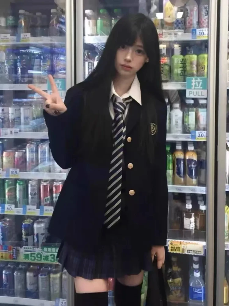 الكورية كلية نمط الإناث JK الحلو منقوشة الراقية البدلة سترة قاعدة قميص عالية الخصر منقوشة مطوي تنورة ثلاث قطع مجموعة