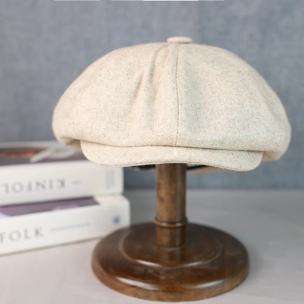 Wool Newsboy Cap Men Grey Beige Solid Color Flat Caps Women Men British Painters Hat Soft Autumn Winter hats Octagonal Cap 018