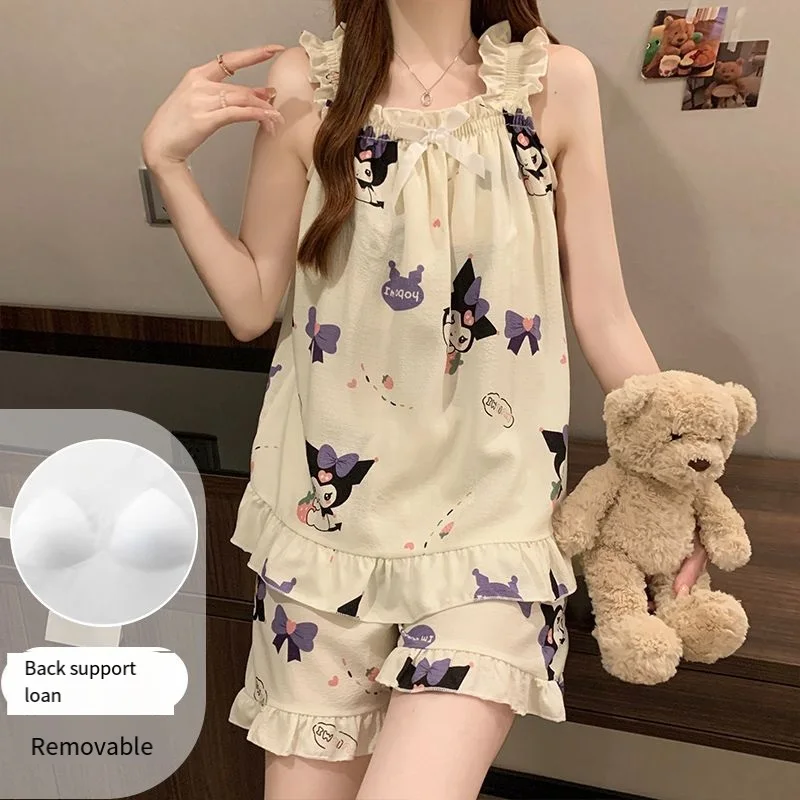 

Sanrio Kuromi Sensual Women's Sleeping Clothes Summer Pajamas Shorts Sleeveless Sleepwear Halter Negligee Kawaii Home Clothes