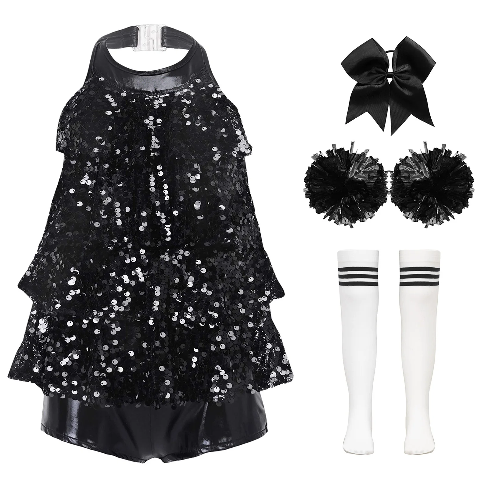 Costume de pom-pom girl à paillettes brillantes pour enfants, tenues licou, robe justaucorps de danse, vêtements d'équipe d'encouragement, ensembles de vêtements de danse pour filles