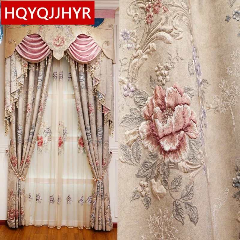 

European luxury 3D villa jacquard blackout floor curtains for Living Room high quality Classic Curtain for Bedroom Hotel Kitchen