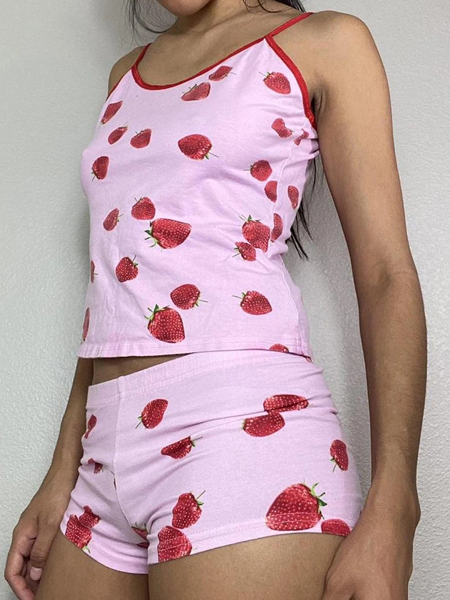 Women s Summer Shorts Outfits Strawberry Cherry Bow Pattern Camisole Crop Tops with Shorts 2 Pcs Set for Outwear Indoor