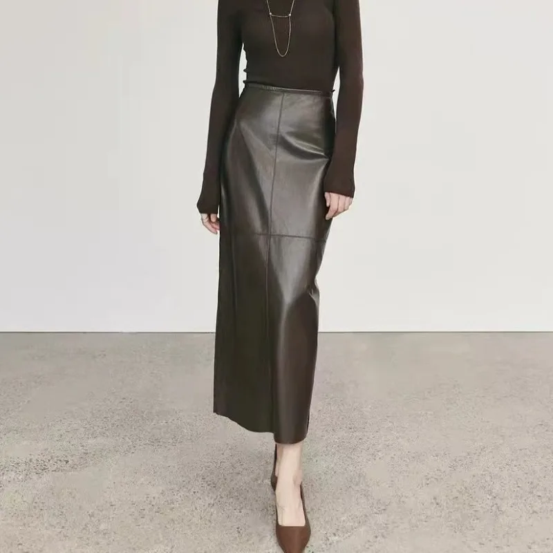 

Spring and Autumn new leather skirt, first layer sheepskin casual, thin hip skirt medium and long