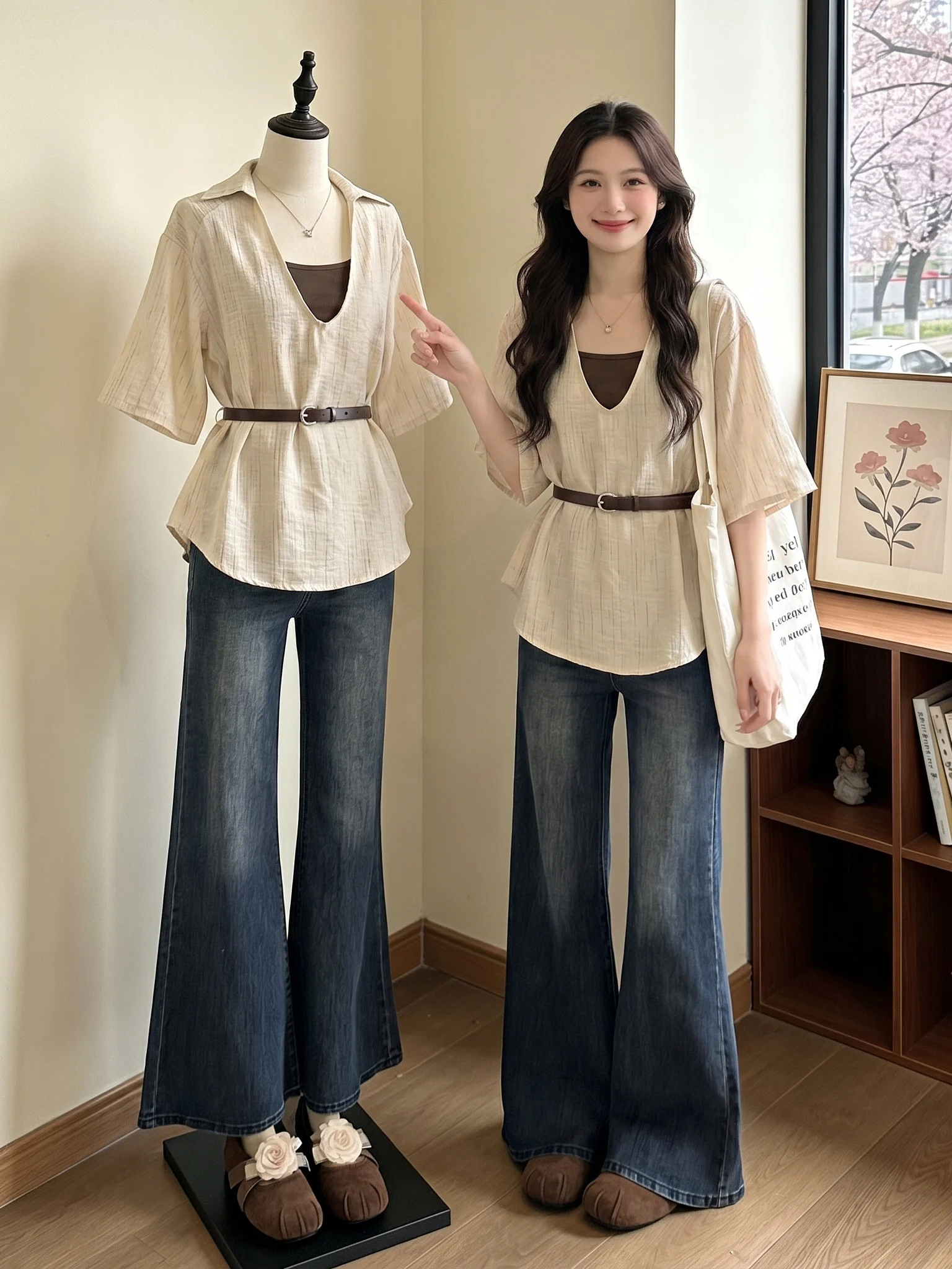 

Women's V-Neck Short Sleeve Shirt Two-Piece Set Large Size Summer New Style Commute Korean Loose Fit Regular Sleeve Pure Color