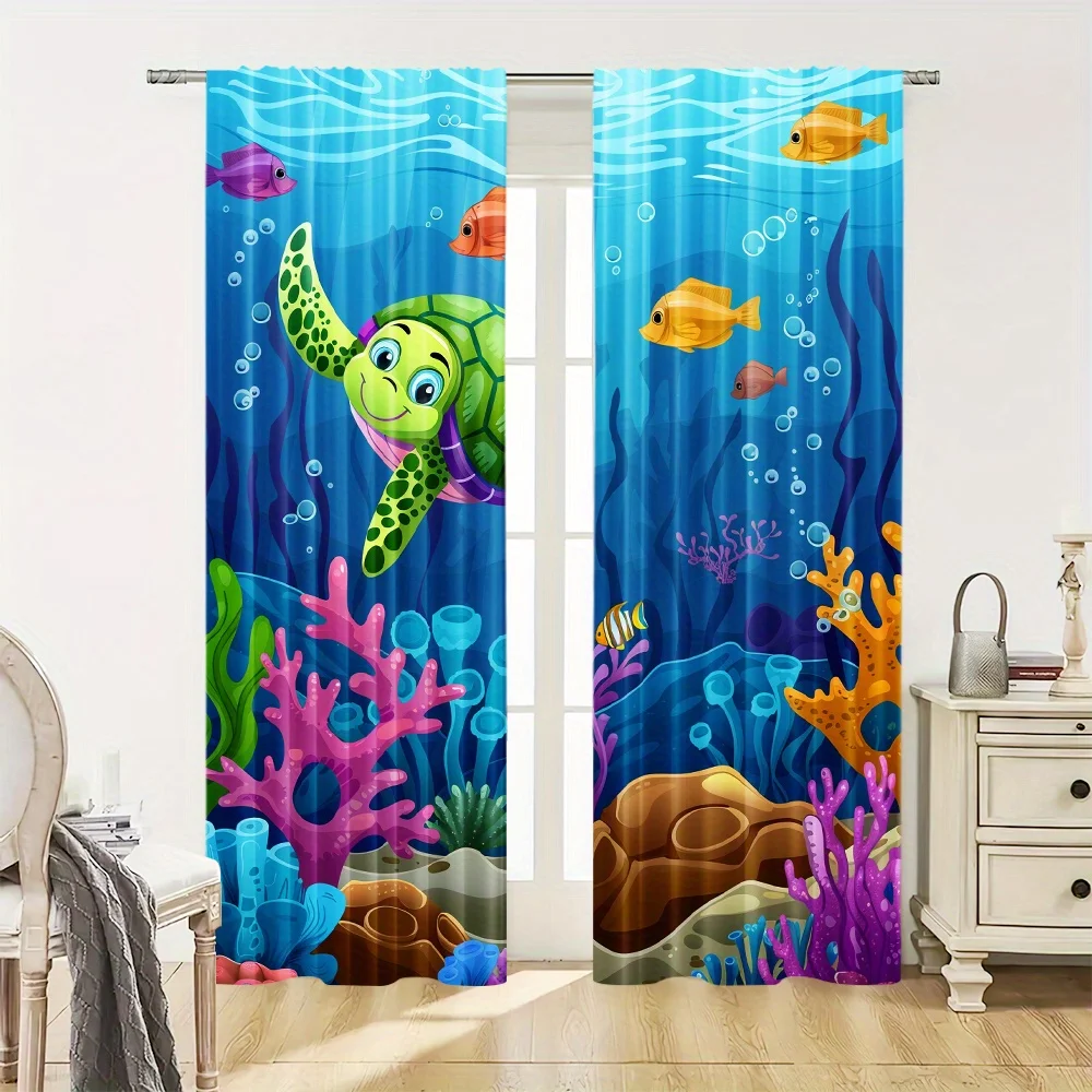 Tropical Ocean Sea Life Curtain Pair 2pcs Sea Turtle Coral Print Waterproof Window Drapes for Kids Room Decor