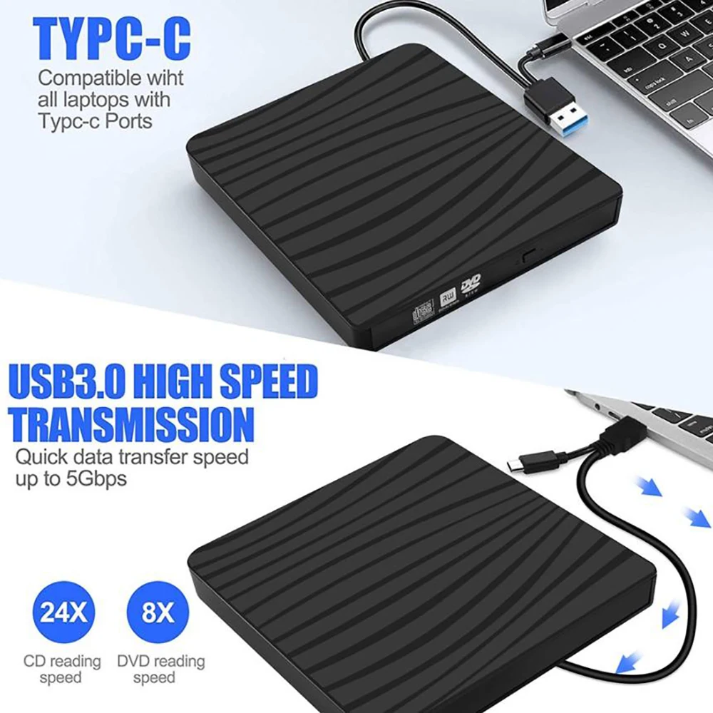 USB 3.0 Type C Portable DVD CD+/-RW External Burner Optical Drive ROM Disk Reader For Laptop PC Desktop MacBook iMac Windows11