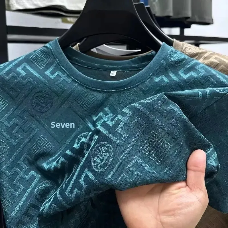 الجليد الحرير قصيرة الأكمام تي شيرت الرجال عارضة أزياء العلامة التجارية الصيف جديد كامل الجسم التطريز نصف كم الصيف ارتداء الجسم قميص #4