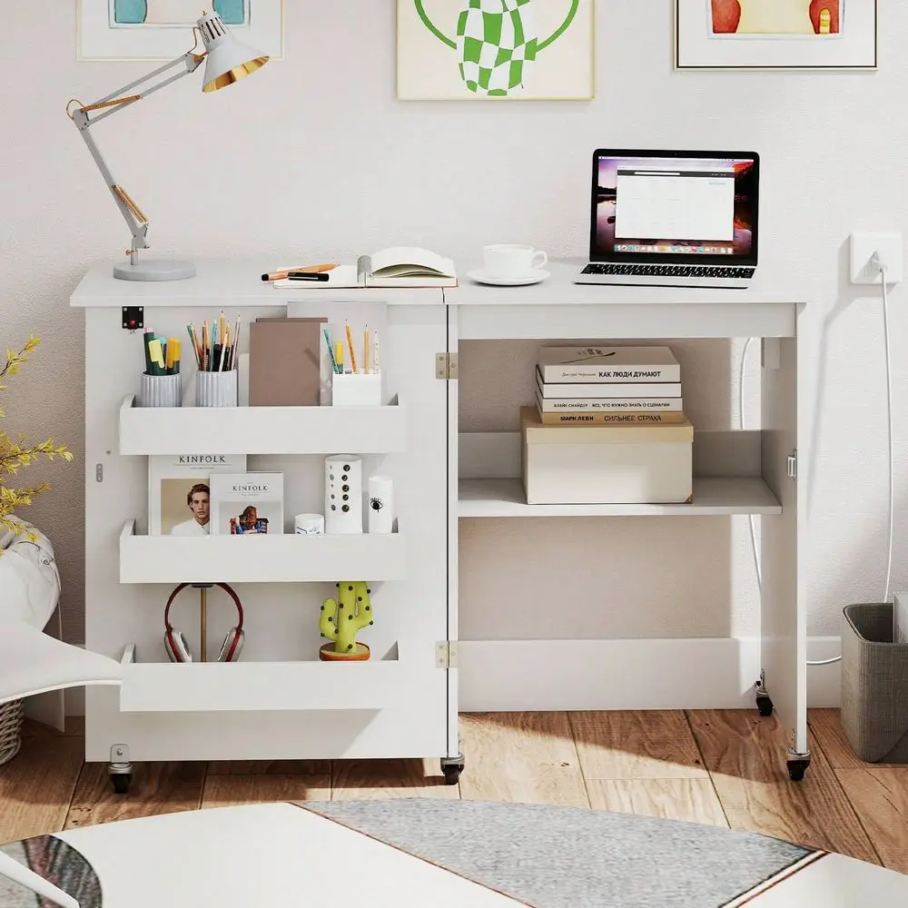 Folding Sewing Table Rolling Craft Station With 3 Storage Bins Charging Station