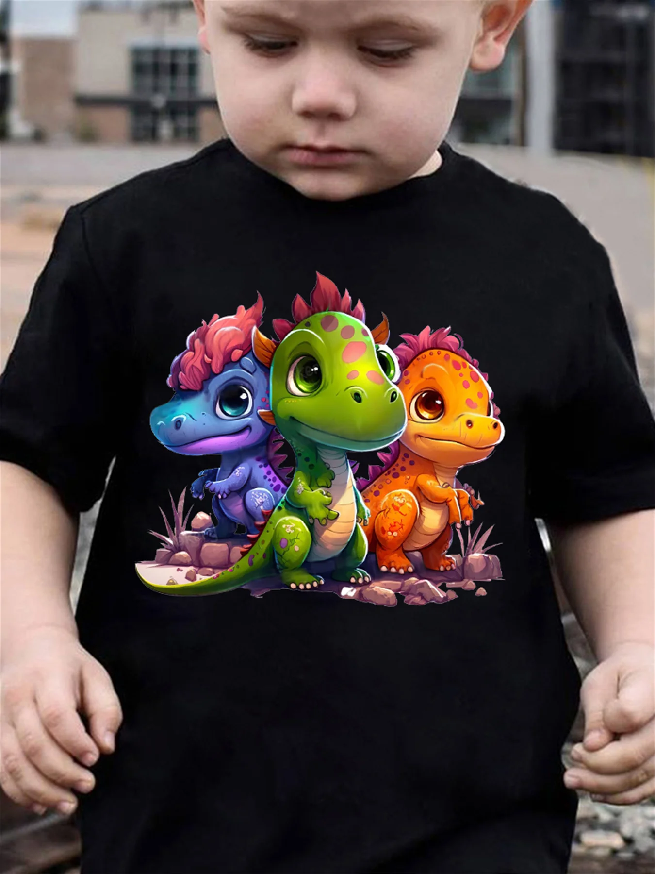 Three Spotted Baby Dinosaur Cartoon Print Family Matching Cotton Tees Short Sleeve Tops For Mom Dad Boys Girls Daily Wear