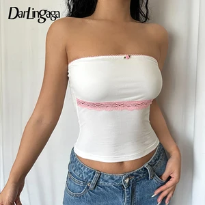 Darlingaga Korean Fashion Lace Trim Off Shoulder Crop Top Female Sweet Kawaii Appliques ﻿Bodycon Strapless Sexy Y2K Tops Bandeau