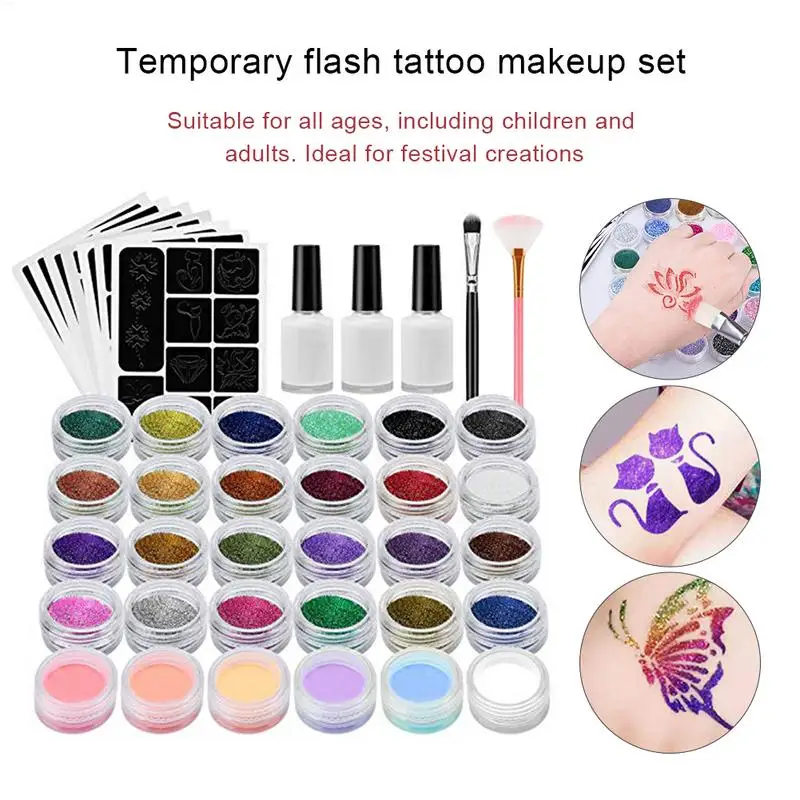 Colorful Diamond Glitter Temporary Tattoo Set Glitter Powder Makeup Brush Tattoo Glue Tattoo Party Face Body Art Kits For Kids