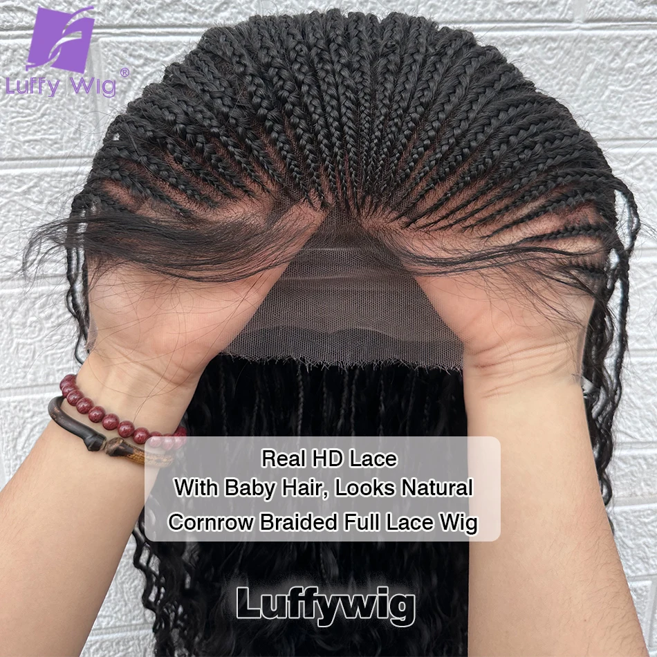 Human Hair Cornrow Braided Wigs Hd Full Lace Wig Boho Box Braid Wigs with Curly Ends Pre Plucked With Baby Hair for Black Women