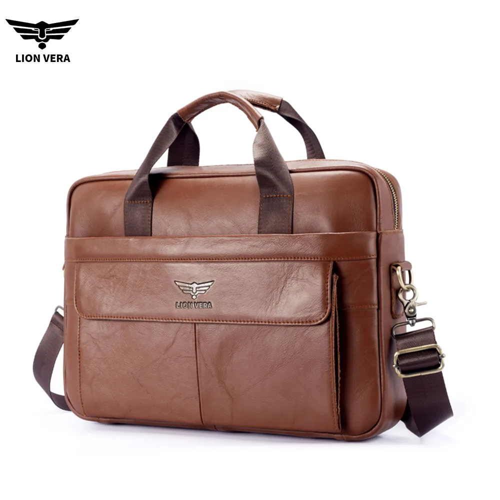 LION VERA Men's Genuine Leather Briefcase Business Commuting Large Capacity Portable Laptop Crossbody Shoulder Travel Bag