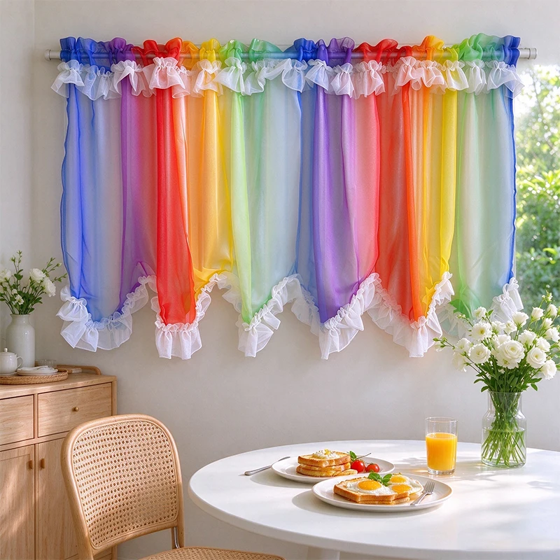 1pc Vibrant Rainbow Terylene Wavy Sheer Valance, White Ruffle Edge Short Half Curtain for Dessert Shop Window & Boho Home Decor