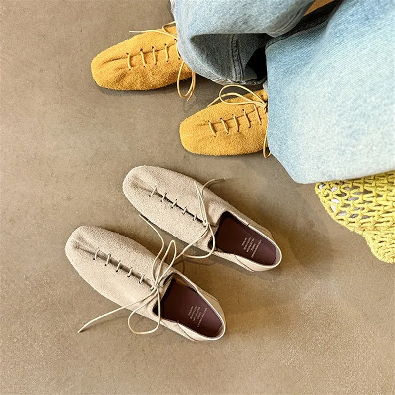 New Spring/summer Genuine Leather Woman Shoes Square Toe Women Pumps Shoes for Women Fashion Retro Low Heels Lace Loafers Shoes