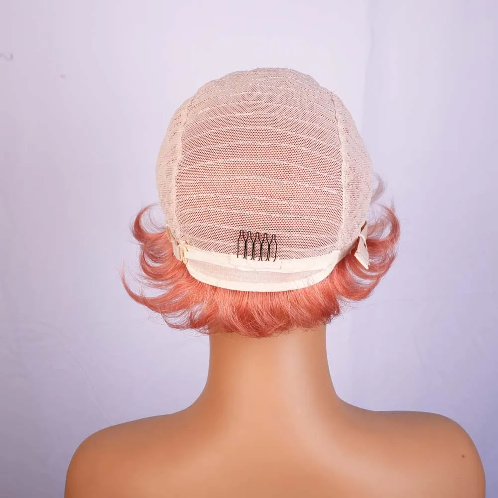 Розовый короткий парик из натуральных волос, парик с стрижкой пикси с челкой, человеческие волосы Remy, машинное производство, парики для чернокожих женщин