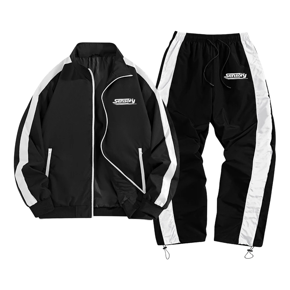 Men's Trendy SENSORY Print Casual Sportswear Set Color Block Zip Up Jacket And Trousers 2 Piece Set For Streetwear Daily Commute