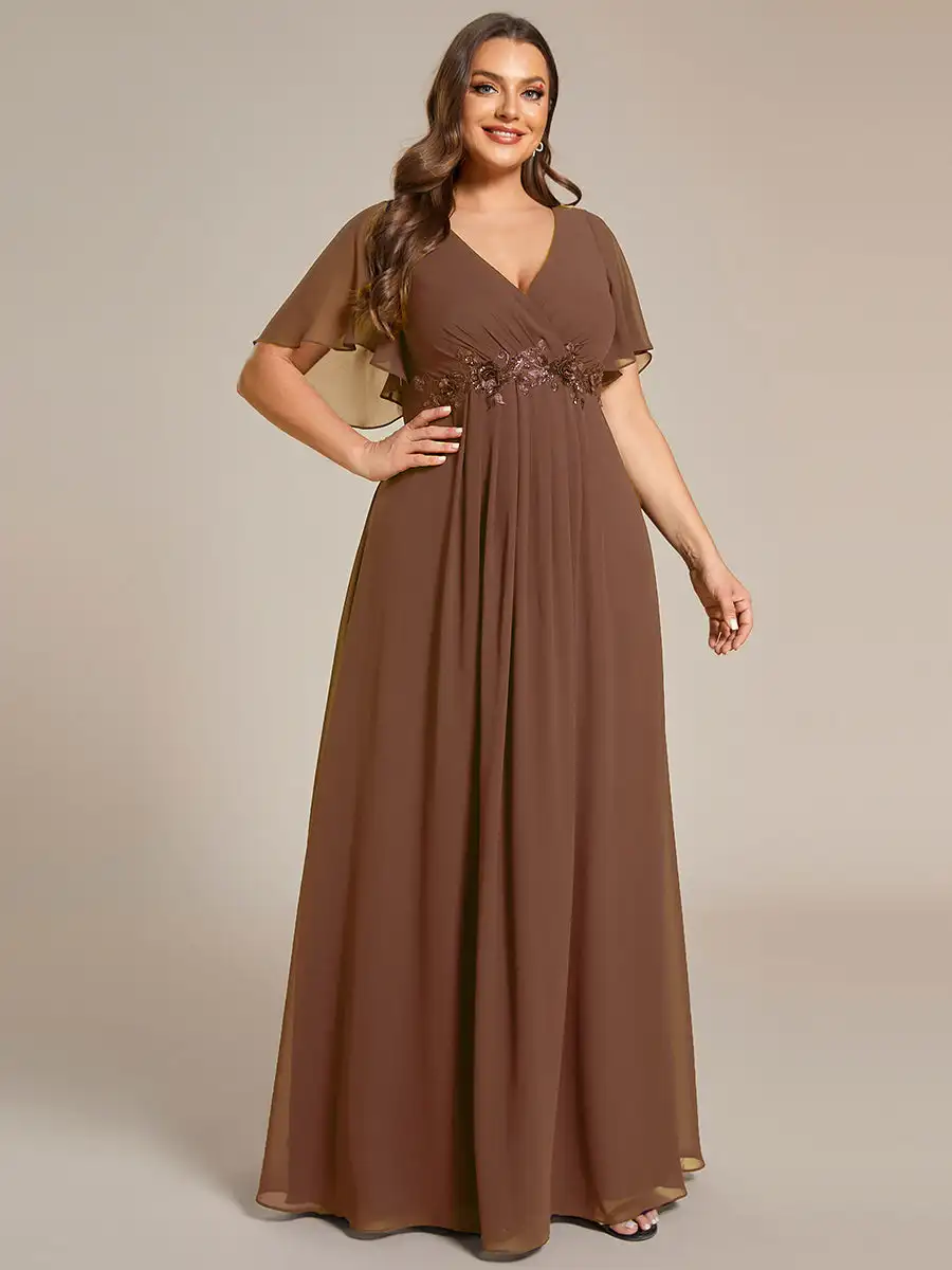 

Plus size Evening Dresses V Neck Appliques Pleated Floor length 2025 Ever Pretty of chiffon Brown Bridesmaid Dress