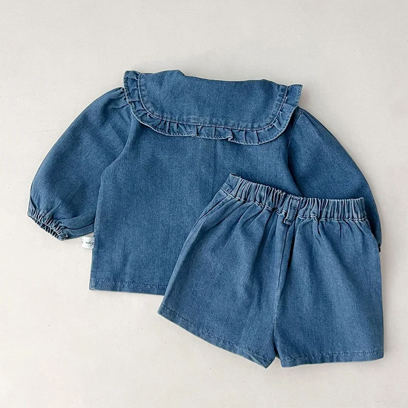 Spring Autumn Baby Girls Blue Denim Suits Kids Fashion Top + Shorts 2Pcs  Children\'s Clothing Sets Girls\' Lapel Shirt Coat