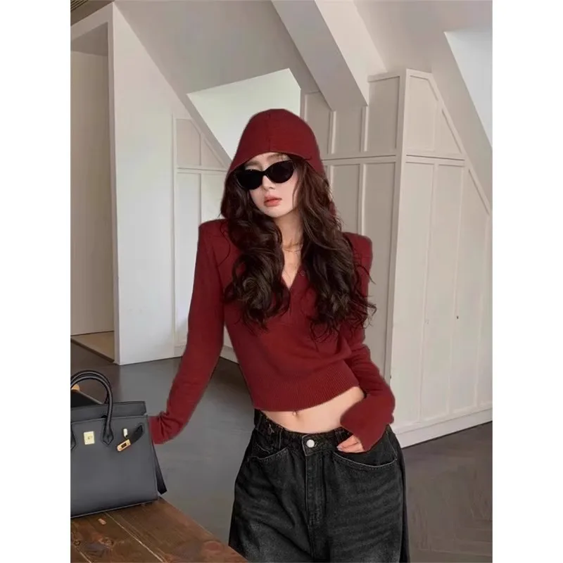 

Christmas Red Hooded Knitted Base Sweater for Women In Early Autumn 2025, Slim Fit Short Sweater, Hoodie, Design Sense Top