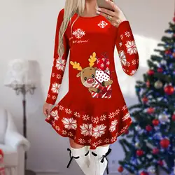 Christmas Dresses for Women Elk Print Long Sleeve Mini Dress Autumn Winter Fashion Ladies Holiday Mini Dresses New Year 2024