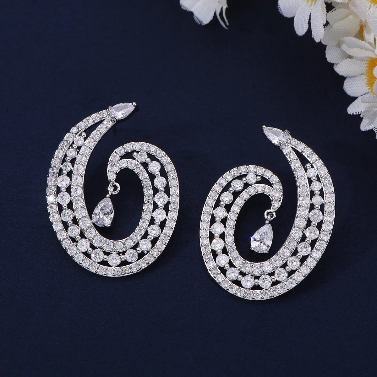 Light luxury silver earrings densely paved with vortex teardrop zircon, stylish dangle design, perfect for weddings and banquets