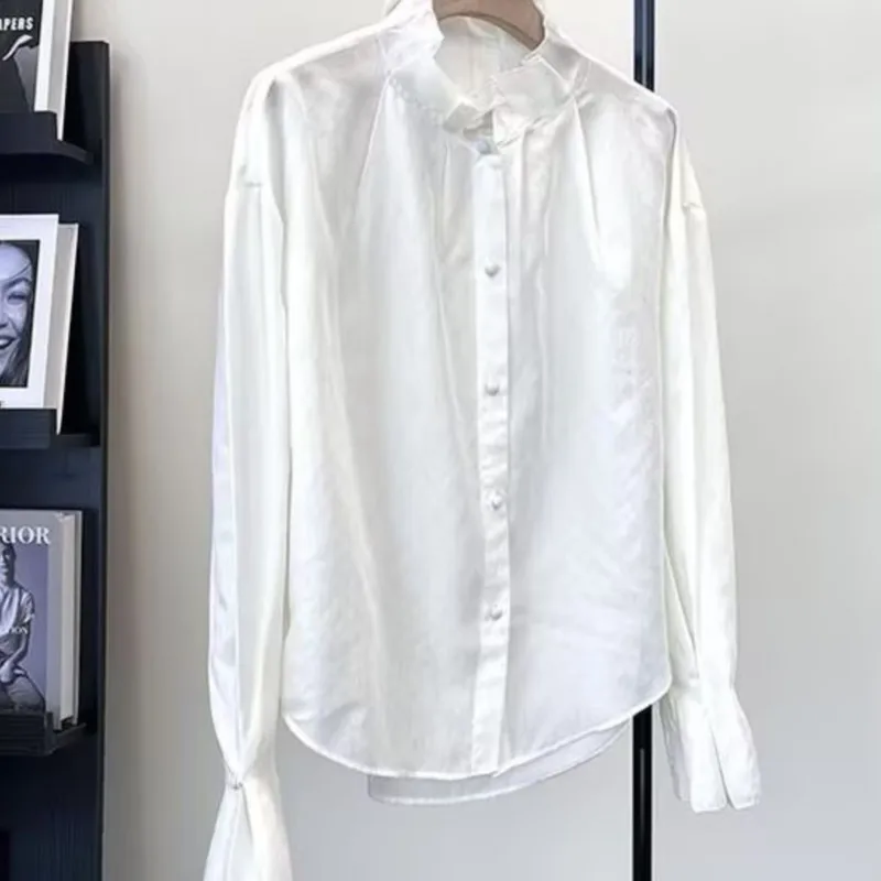 

Женская рубашка во французском стиле суда с воротником-стойкой, рюшами и кружевной отделкой, уникальный дизайн, элегантная блузка с эстетическими повседневными рубашками