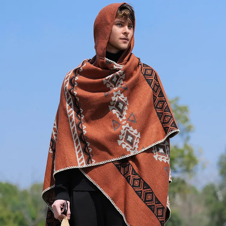 

Autumn and Winter Keep Warm New Men's Hooded Cape Shawl Cross-border Hot Selling Split Cape Wholesale Cloak Poncho Gift P1