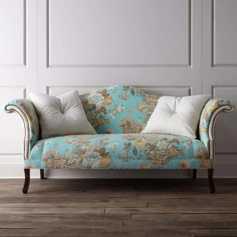 American neoclassical double sofa, European three-person pastoral fabric sofa villa club color sofa combination