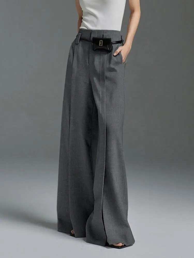 

Krismile Korean Fashion High Waisted Grey Trousers For Office Lady 2024 Spring Casual Loose Split-Front Pleated Wide Leg Pants