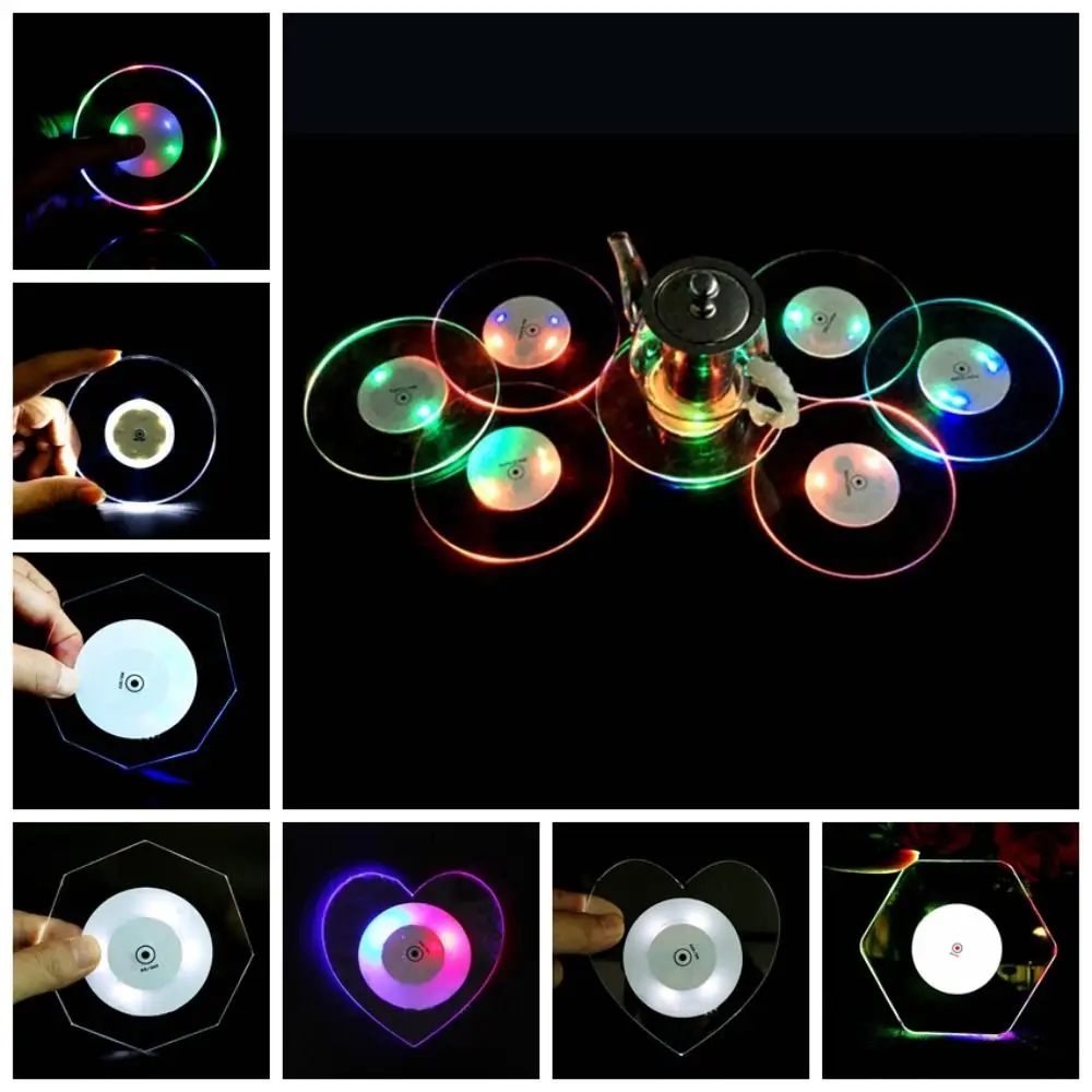 3PCS Acrylic Luminous Cup Mat Transparent 10cm Light Up Coasters Ultra-Thin Multi-functional Cocktail Flash Base Mats Club