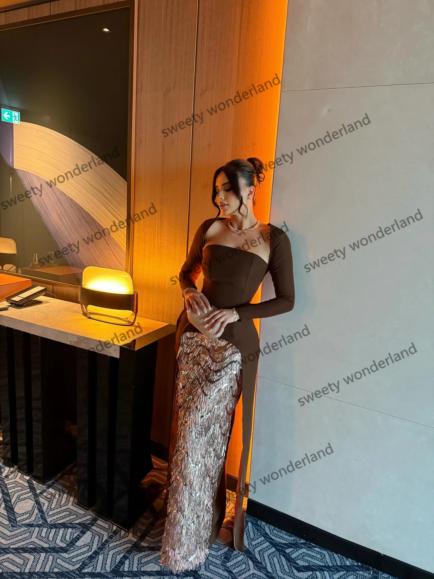 Brown Exquisite Evening Dresses A Line Sequin Prom Dress Tassels Luxury Wedding Party Gown Customized Long Sleeve Vestidos