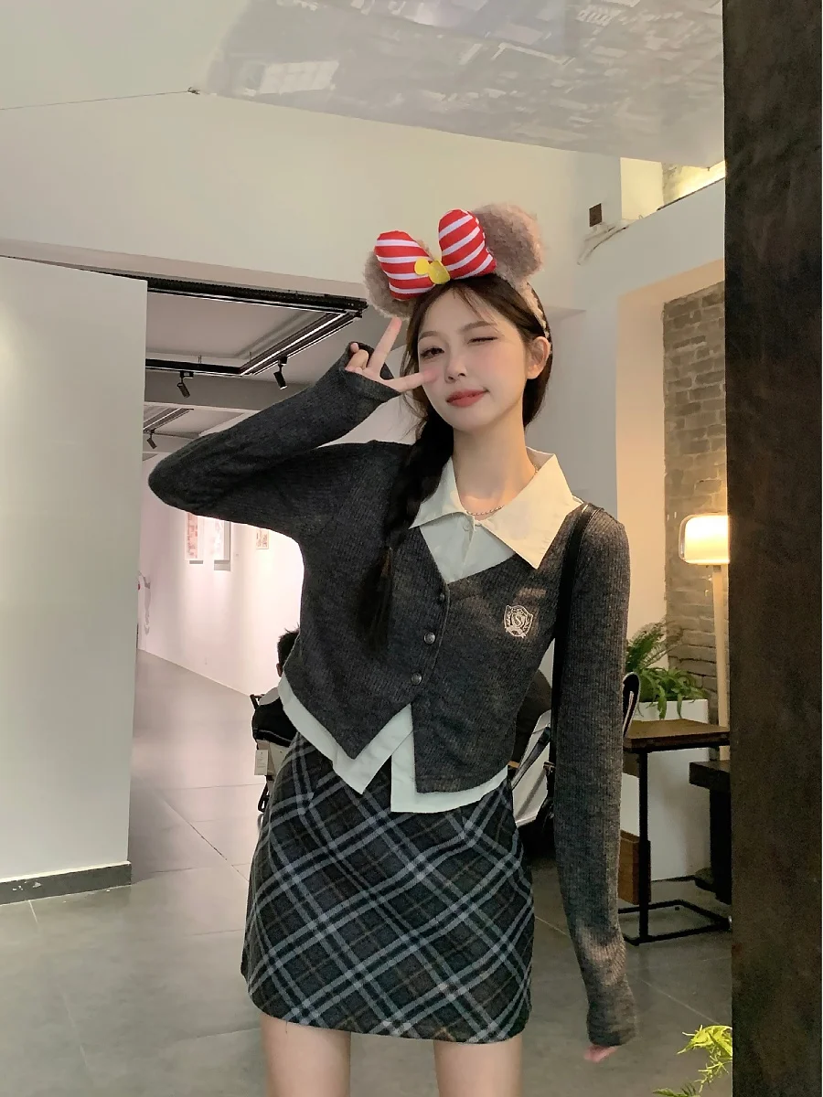 

plus Size American Retro Knitted irt Autumn New College Sle Age Reduction Small ence Collar Long Sve Loose Fit