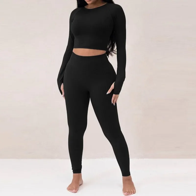 Women 2-Piece Long Sleeve Sports Suit High Elasticity Jogging Pants Yogo Workout Outfit