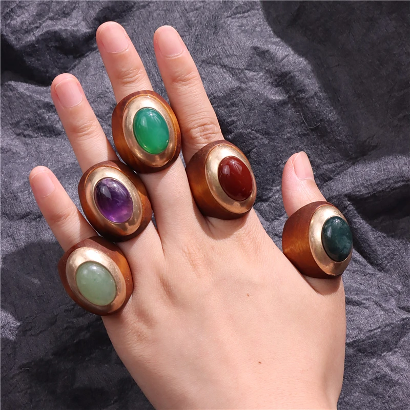 HUANZHI Natural Stone Wood Oval Metal Big Ring for Women Exaggerated Chunky Vintage Geometric Jewelry 2023 New