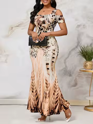 Off-Shoulder Print Maxi Dress for Party Evening Elegant Women's Gown