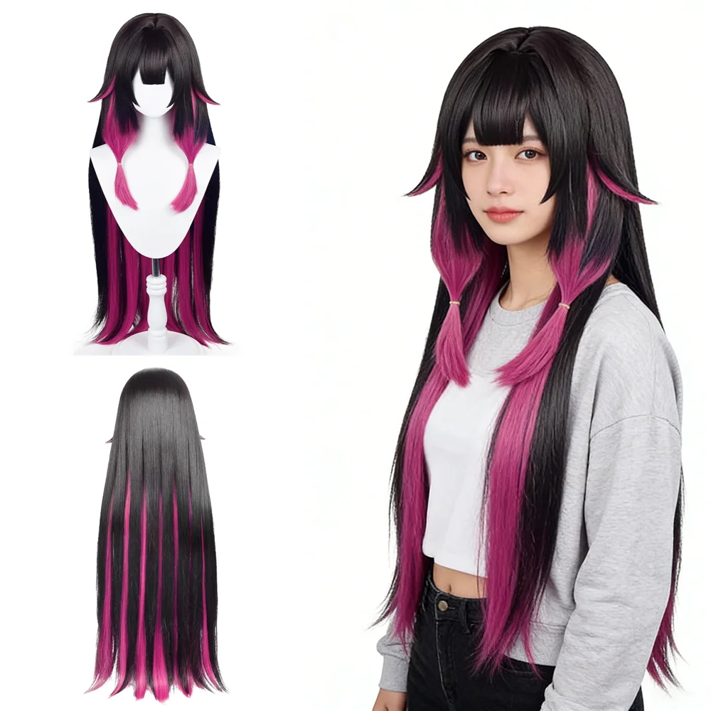 

Fatui Harbinger Damselette Columbina Cosplay Wig 110cm Long Black Pink Ombre Wig Simulated Scalp Top For Anime Free Wig Cap