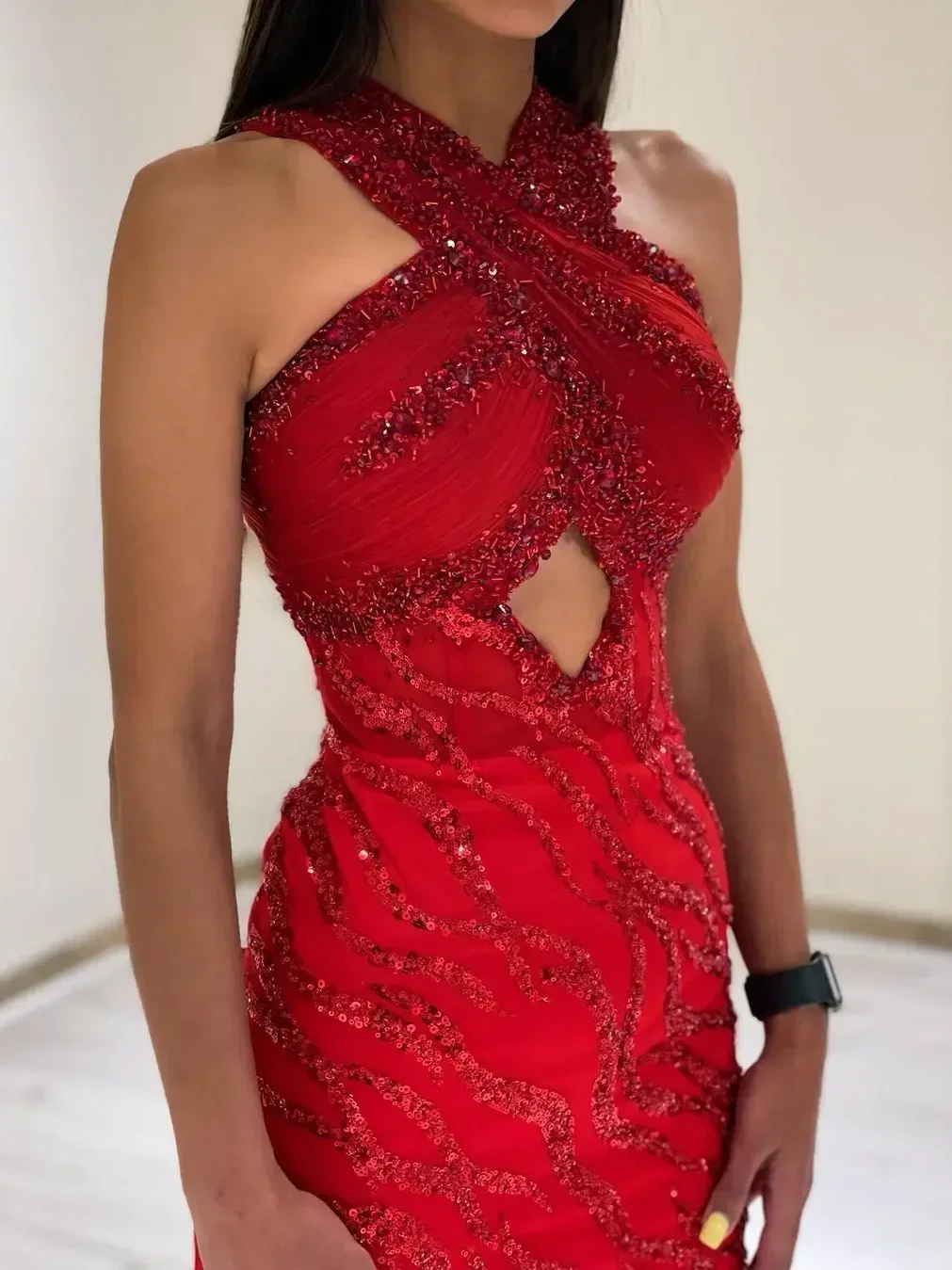 Oisslec Dress Elegant Vintage Red Sexy Mermaid Beads Lace Crystal Customize Formal Occasion Prom Dress Evening Party Gowns