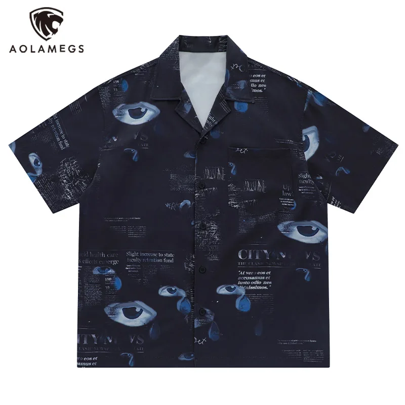 

Aolamegs Y2K Men Short Sleeve Shirts Hip Hop Streetwear Graffiti Letter Eye Print Blouse Coat Punk Gothic Loose Tops Unisex