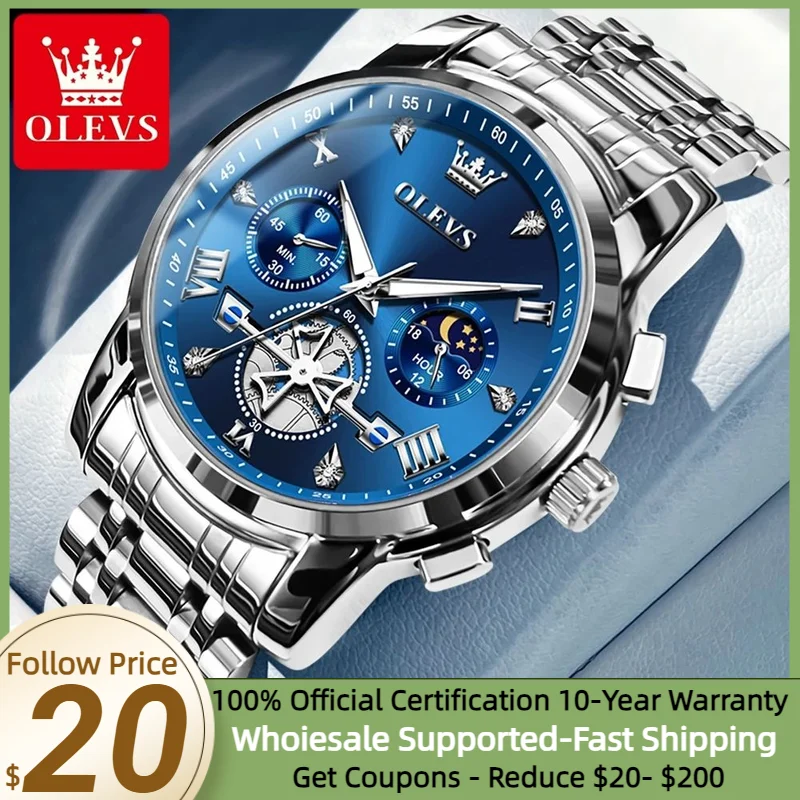 OLEVS-Montres à Quartz pour Homme, Design de Volant d\'inertie, Chronographe Classique, Montre-bracelet à la Mode, Phase de Lune, Étanche, Modules,