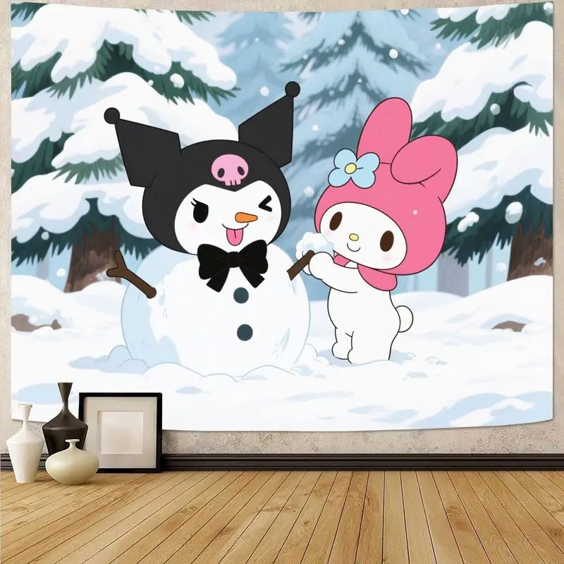 

1PC Kuromi My Melody Snowman Winter Tapestry, Kawaii Sanrio Anime Wall Art, Polyester Living Room Bedroom Decor, Christmas Gift