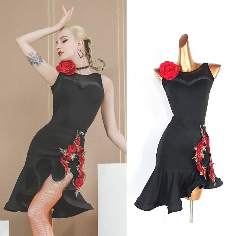 

Latin Dance Dress For Female Summer Sleeveless Tops Rose Slit Skirt ChaCha Dancer Outfit Rumba Competititon Costume VDB5578