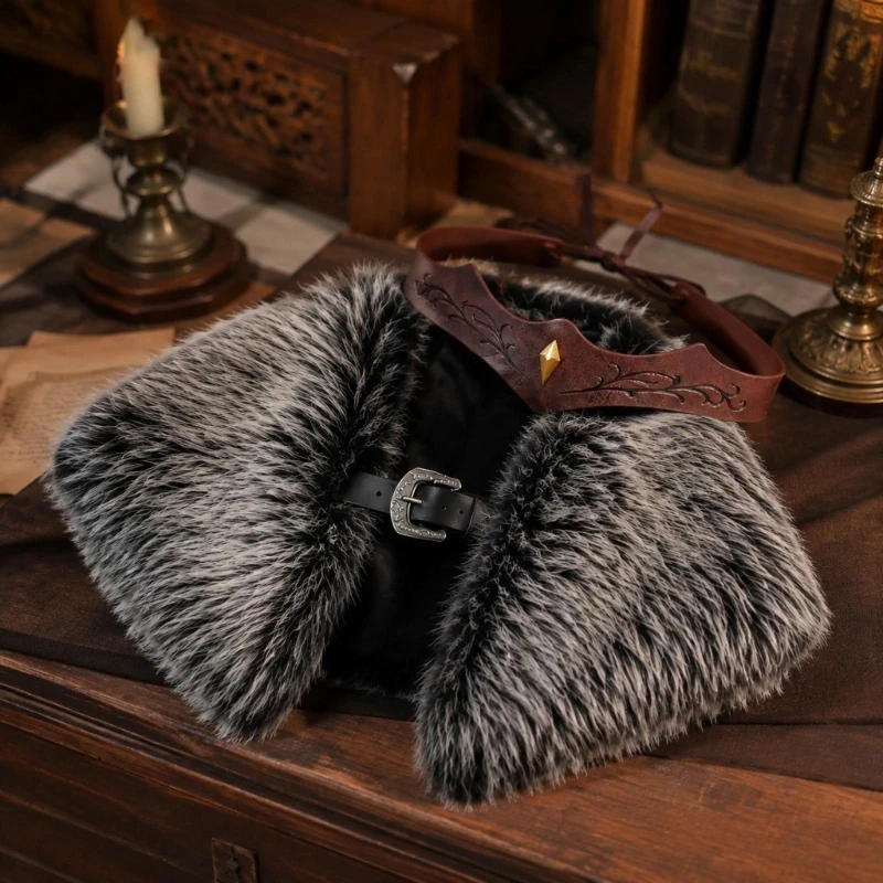 DXAE Cosplay Shoulder Wrap in Gray Plush with Black Lining for Nordic Costume Styling and Stage Wear Looks
