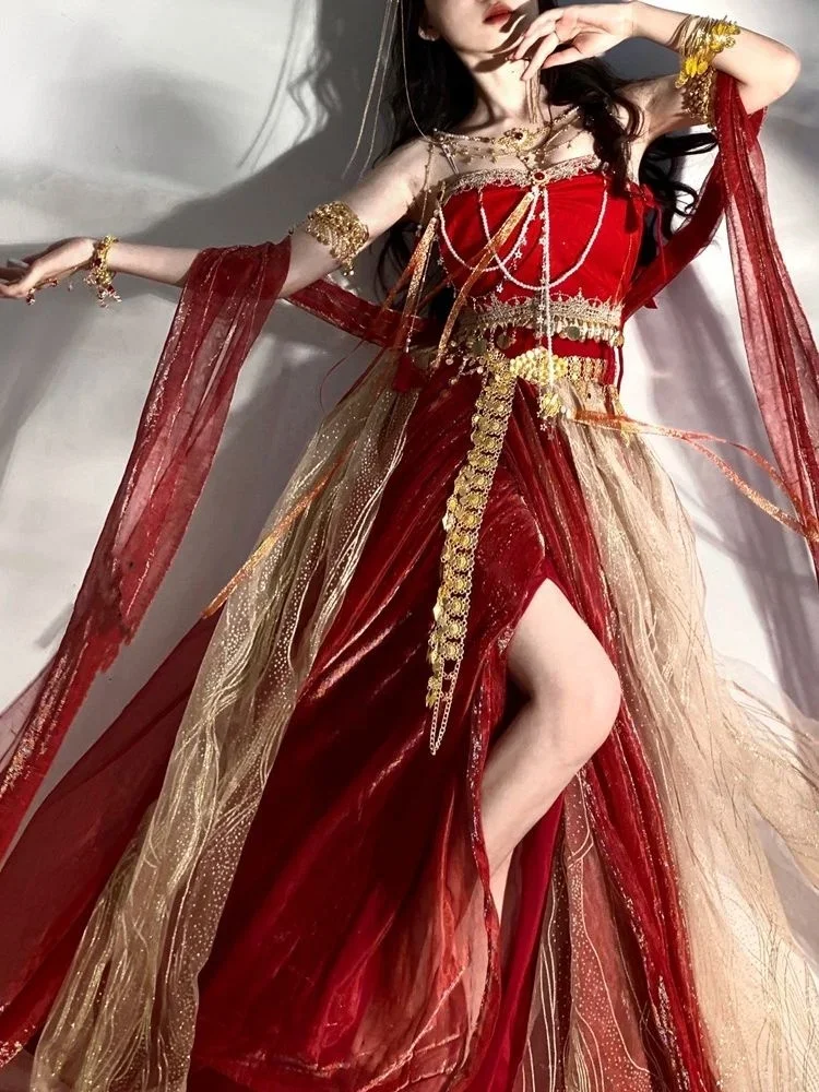 النمط الصيني المرأة Dunhuang Hanfu فستان مجموعة النمط الوطني حمالة صديرية دائرية شرابة اكسسوارات فساتين الحجاب نمط الصحراء