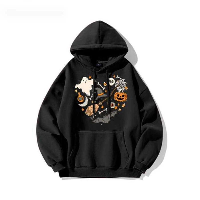 

Halloween Creative Men Long Sleeve Hooded Sweatshirts Pumpkin Skeleton Print Fashion Casual All-match Loose Clothing Black White