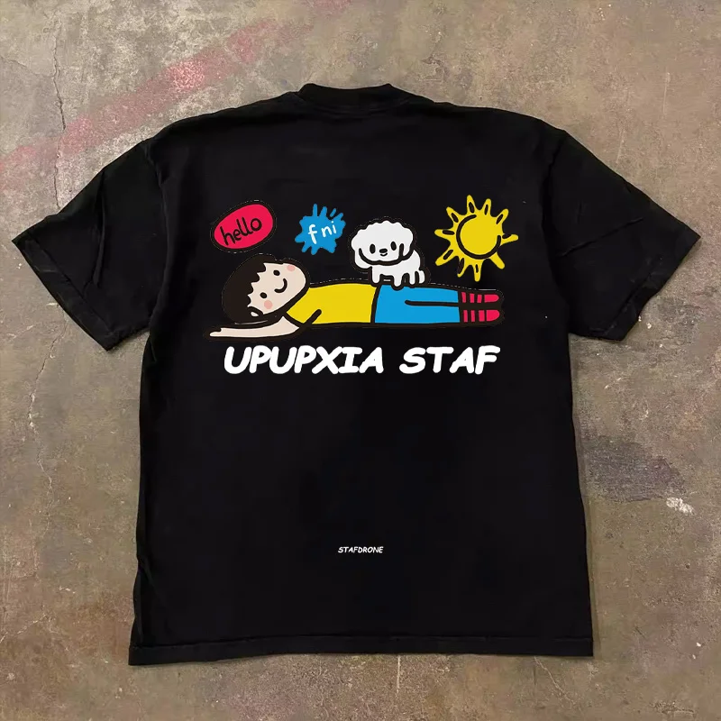 Loose Fit Cotton T-Shirt Unisex Short Sleeve Double Thread UPUPXIA Hero Print Sweat Absorbent round Neck Casual Summer Top