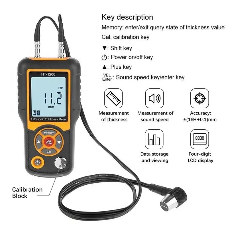 HTI HT-1200 Intelligent Ultrasonic Thickness Meter Metal High Precision Thickness Speed Sound Tester Gauge Digital LCD Display