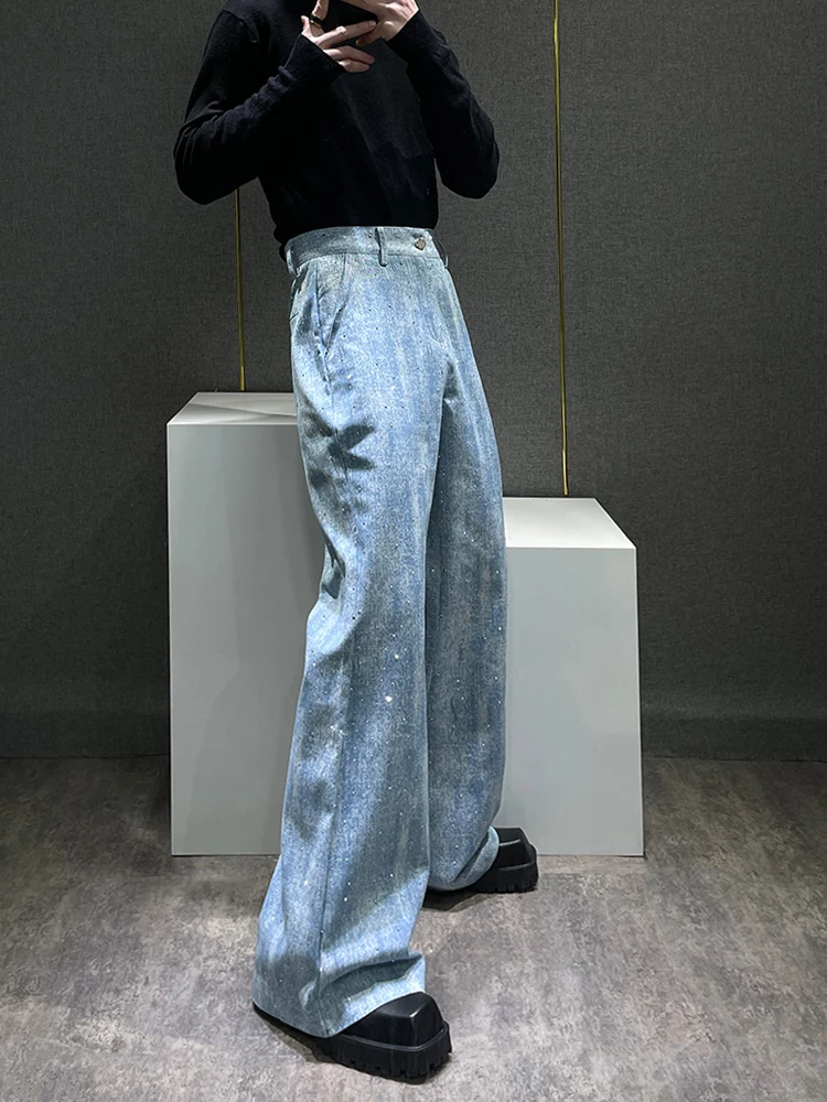 

Korean Sle Heavy Du Rhinestone Design Loose Wide Leg Jeans Men's Casual Floor Length Trousers Trendy Straight Cut Jeans